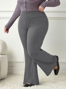 SHEIN CURVE+ Plus Size Ribbed Black Flare Pants, High Waist Stretch Slim Fit Trousers - Dark Grey - View 8