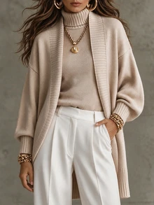 Balvessa Minimalist Commuter Loose Drop Shoulder Lantern Sleeve V-Neck Cardigan & High Neck Slim Fit Sleeveless Vest Layering Sweater 2 Pieces Set For Women - Apricot - View 4