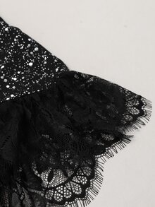Velvienne Plus Size Sparkly Star Fabric Long Sleeve Lace Hem Elegant Evening Party Dress - Black - View 7