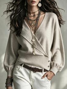 SHEIN Women's Solid Color Casual Versatile Daily Long Sleeve Sweater - Khaki - View 4