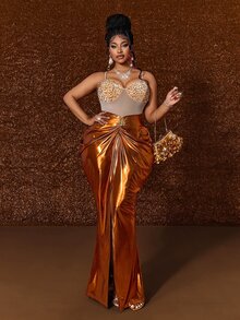 Maweii Gaun Malam Pas Badan Berpayet Elegan Ukuran Plus untuk Wanita, Pesta Liburan - Jeruk - View 3