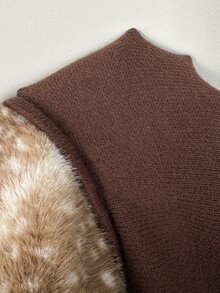 Autumina Brown Coffee Spotted Fur Collar Single-Breasted Pocket Knit Cardigan - Brown - View 3