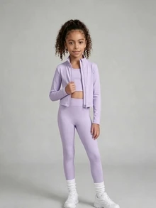 SHEIN 女童時尚休閒藍色3件套，時尚舒適高彈力，適合運動、健身、戶外活動、購物等，秋冬款 - 淡紫色 - 查看 4