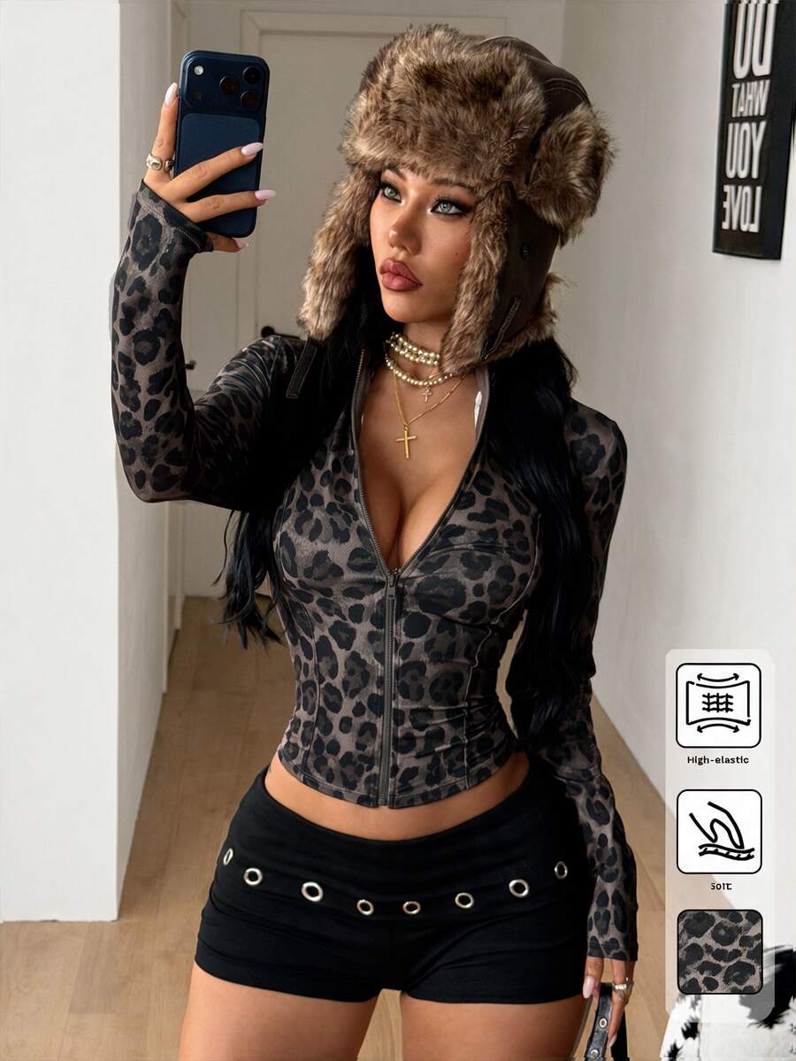Coolane Brown Leopard Print Knit Women's Lightweight Cardigan - Dark Grey - View 1