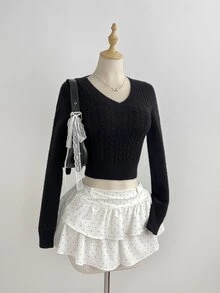 Elamini Sweater Rajut Kabel Leher V Pas Badan Kasual Serbaguna untuk Wanita, Pakaian untuk Perjalanan Sehari-hari, Musim Gugur/Dingin - Hitam - View 5