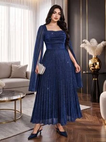 Modelyn Plus Size Women's Shiny Square Neck Pleated Casual Party Dress - Royal Blue - View 5