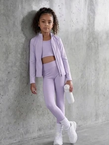 SHEIN 女童時尚休閒藍色3件套，時尚舒適高彈力，適合運動、健身、戶外活動、購物等，秋冬款 - 淡紫色 - 查看 5