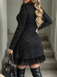 Velvienne Plus Size Sparkly Star Fabric Long Sleeve Lace Hem Elegant Evening Party Dress - Black - View 2