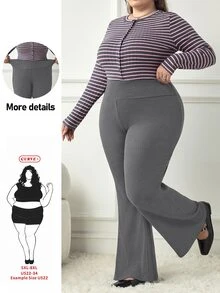 SHEIN CURVE+ Plus Size Ribbed Black Flare Pants, High Waist Stretch Slim Fit Trousers - Dark Grey - View 6