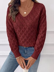 SHEIN Clasi 女款純色鏤空V領落肩長袖休閒針織衫 - 酒紅色 - 查看 5