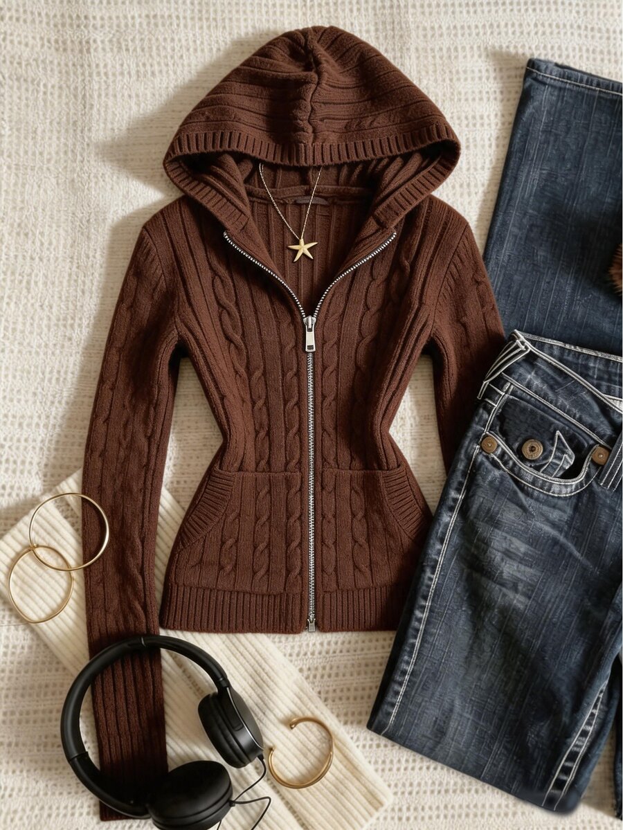 Elamini Women's Autumn/Winter Casual College Style Knitted Cardigan With Drawstring Hood And Zipper - Coffee Brown - View 1