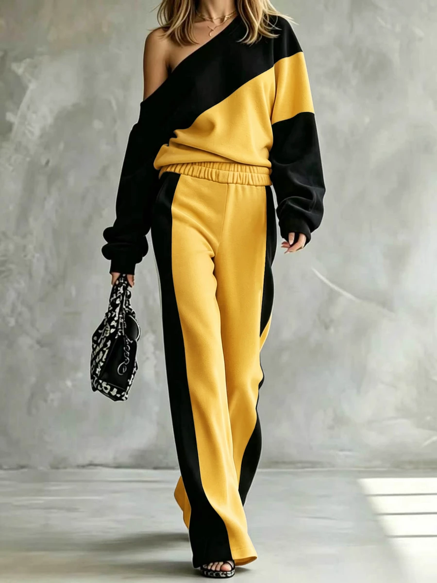 SHEIN LUNE 拼色不對稱領口落肩衛衣與長褲套裝 - 黃色 - 查看 1