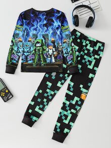 Tween Boys Pajamas 2-Piece Set, Autumn/Winter New Hot-Selling Cool Pattern All-Over Print With Positioned Graphic, Contrast Collar, Cuffs And Hem, High Elasticity Crew Neck Long Sleeve Top And Long Pants, Snug Fit, 1 Set, Size Runs Small, Please Order One Size Up - Black - View 2