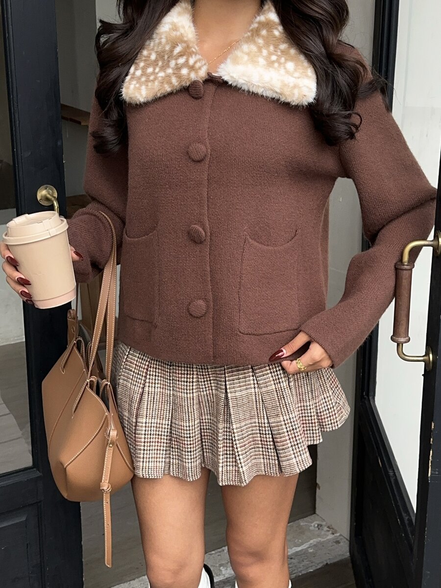 Autumina Brown Coffee Spotted Fur Collar Single-Breasted Pocket Knit Cardigan - Brown - View 1