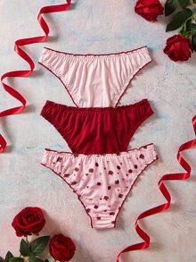 Elorette 3pcs Pink High Elasticity Printed Ruffle Edge Sweet & Cute Women's Triangle Panties - Multicolor - View 2