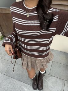 Sweetra Sweater Kasual Lengan Panjang Kerah Bulat Bergaris Kontras Cokelat & Putih - MultiWarna - View 5