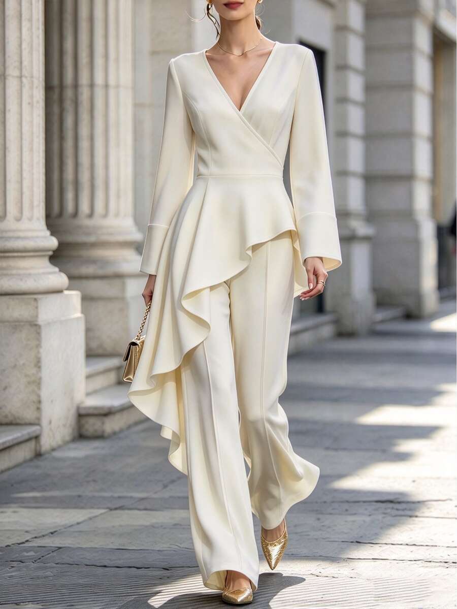 SHEIN Women Formal 2 Pieces Set, Wrap VNeck Asymmetrical Draped Ruffle Blouse + HighWaist Flared Trousers, Elegant Commuter Coord - Apricot - View 1