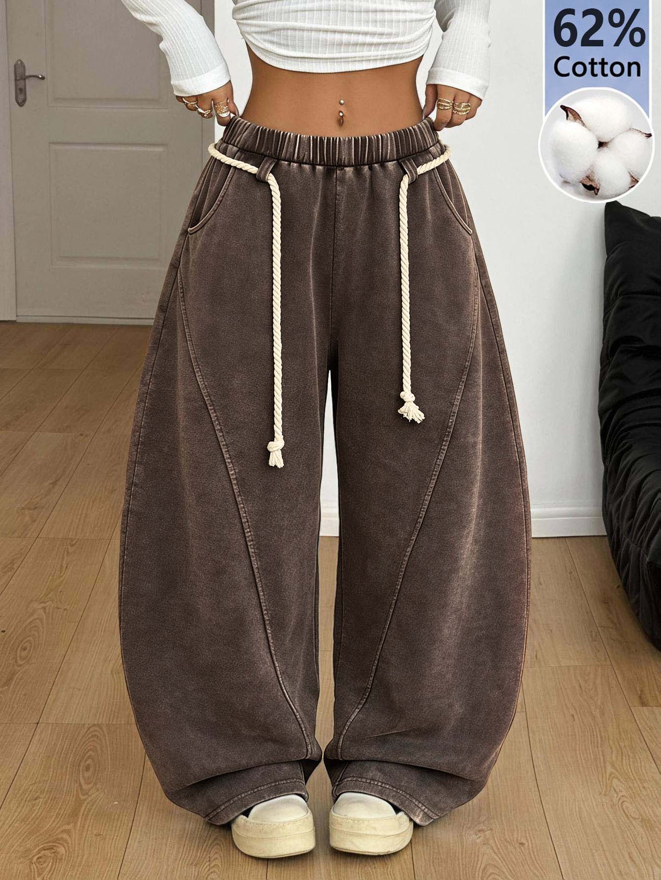 Coolane Women's Elastic Waist Pocket Curved Leg Wide Leg Casual Sweatpants - Coffee Brown - View 1