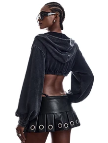 LYSMO Women's Solid Color Drop Shoulder Long Sleeve Cutout Design Hooded Sweatshirt - Black - View 2
