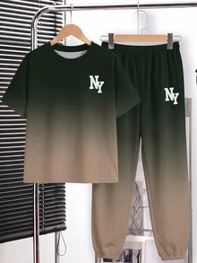 青少年男孩休閒舒適時尚簡約圓領短袖T恤與長褲套裝 - 彩色 - 查看 3