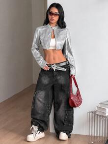 Coolane 女款秋冬街頭風休閒 Y2K 派對龐克搖滾風彈性拉鍊黑色修身長袖短版夾克 - 白色 - 查看 2