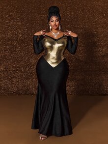 Maweii Plus Size Sexy Fitted Off-Shoulder Long Sleeve Colorblock Patchwork Evening Dress - Black - View 5