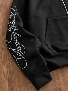 SWAVVY Men's Knitted Fashion Casual Loose Fit Long Sleeve Hoodie With English Embroidery - Black - View 3