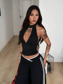 Coolane 女款夏秋休閒外出優雅健身瑜伽彈性V領掛脖黑色背心 - 黑色 - 查看 5