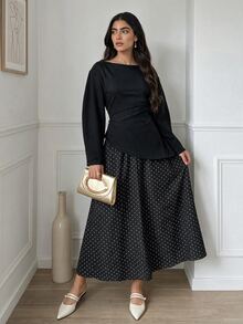 Veilorie Setelan Kasual 2 Potong Wanita: Atasan Lengan Panjang Warna Polos dan Rok Motif Polkadot - Hitam - View 1