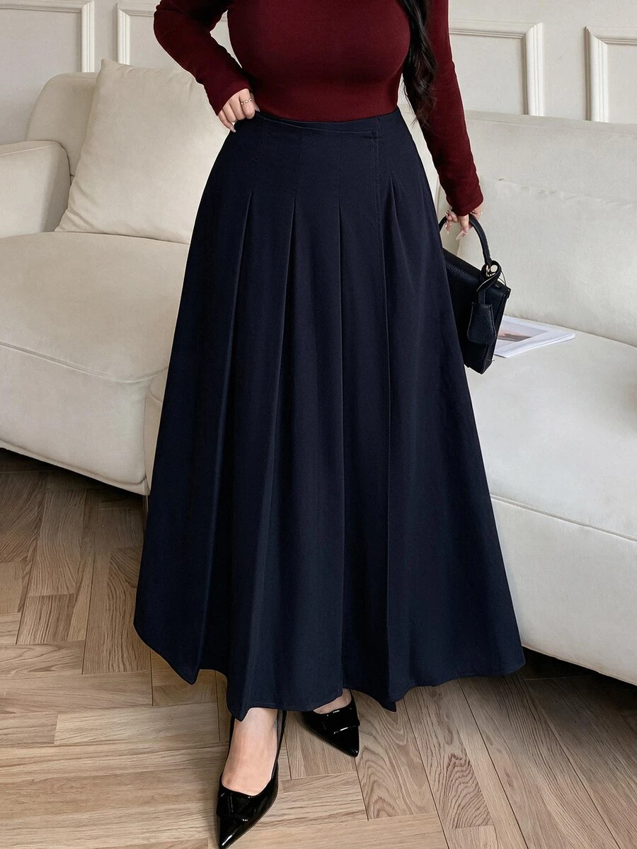 Modelyn Rok Lipit Elegan Pinggang Tinggi Warna Polos untuk Wanita Ukuran Plus - Navy Blue - View 1