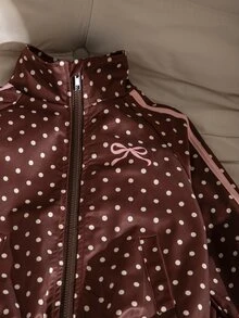 SHEIN Genkimix Kids 女童蝴蝶結波點外套套裝，棕色 2 件組，秋冬款，時尚織帶裝飾立領拉鍊夾克與休閒長褲 - 棕色 - 查看 4