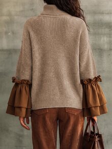 LUMIGAL 女款粗針條紋高領寬鬆套頭毛衣，拼接雙層荷葉邊喇叭袖口與蝙蝠袖 - 彩色 - 查看 2