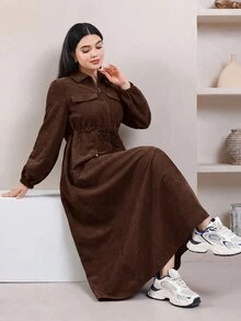 Veilorie 女款時尚綠色抽繩綁帶拉鍊半開襟長袖洋裝 - 咖啡棕 - 查看 6