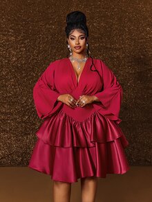 Maweii Plus Size Elegant Princess Style V-Neck Long Sleeve Puff Skirt Cinched Waist Short Women's Dress Fall - Red - View 4
