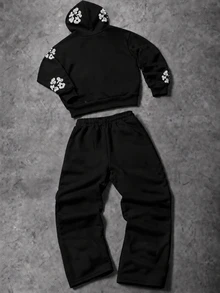 Manfinity EMRG Men Heat Transfer Graphic Hoodie & Wide Leg Sweatpants 2pcs Set, Streetwear Co-Ord Outfit - Black - View 2