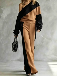 SHEIN LUNE Colorblock Asymmetrical Neck Drop Shoulder Sweatshirt & Pants - Coffee Brown - View 3