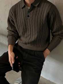 Manfinity Homme Men's Cable Knit Long Sleeve Polo Collar Casual Versatile Sweater - Black - View 1