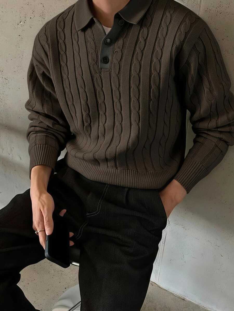 Manfinity Homme Men's Cable Knit Long Sleeve Polo Collar Casual Versatile Sweater - Black - View 1