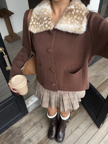 Autumina Brown Coffee Spotted Fur Collar Single-Breasted Pocket Knit Cardigan - Brown - View 7