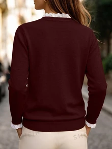 Linhara 大尺碼蕾絲飾邊休閒日常長袖針織衫 - 紅色 - 查看 2