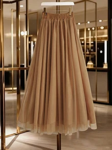 GlowEve CURVE Women's Plus Size Elegant Party Lace Patchwork Skirt, Party/Gathering Skirt Fall - Khaki - View 2