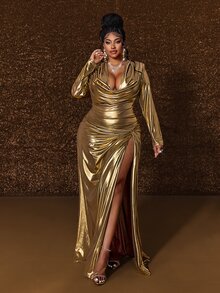 Maweii Plus Size Hooded Ruched Slimming Long Sleeve Elegant Banquet Dress - Gold - View 6