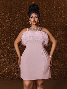 Maweii Plus Size Pink Sexy Fur Collar Sleeveless Spaghetti Strap Bodycon Slimming Dress - Pink - View 5