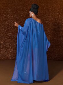 Maweii Conjunto de 2 piezas elegante de talla grande con hombro asimétrico, protección solar y estilo romántico para otoño - Azul - Ver 6