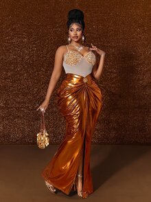 Maweii Gaun Malam Pas Badan Berpayet Elegan Ukuran Plus untuk Wanita, Pesta Liburan - Jeruk - View 4