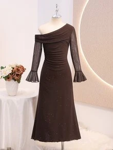 Gaun Anak Perempuan Remaja Elegan Tanpa Bahu dengan Detail Kerut dan Glitter, Cocok untuk Pesta Musim Gugur, Liburan, Acara Pulang Sekolah, Ulang Tahun, Natal, dan Pernikahan. - Coffee Brown - View 1