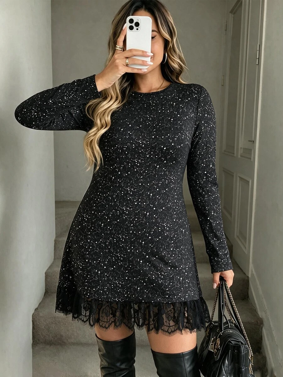 Velvienne Plus Size Sparkly Star Fabric Long Sleeve Lace Hem Elegant Evening Party Dress - Black - View 1