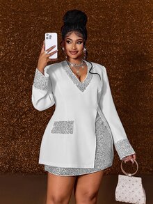 Maweii Plus Size Sequin Patchwork Mature Korean Style Romantic Party 2 Pieces Set Fall - White - View 4