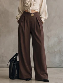 SHEIN Women's Office Commute Party High Waist Wide Leg Pants Gold Floral Metal Buckle Suit Trousers - Brown - View 5