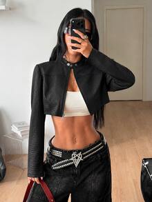 Coolane 女款秋冬街頭風休閒 Y2K 派對龐克搖滾風彈性拉鍊黑色修身長袖短版夾克 - 黑色 - 查看 5